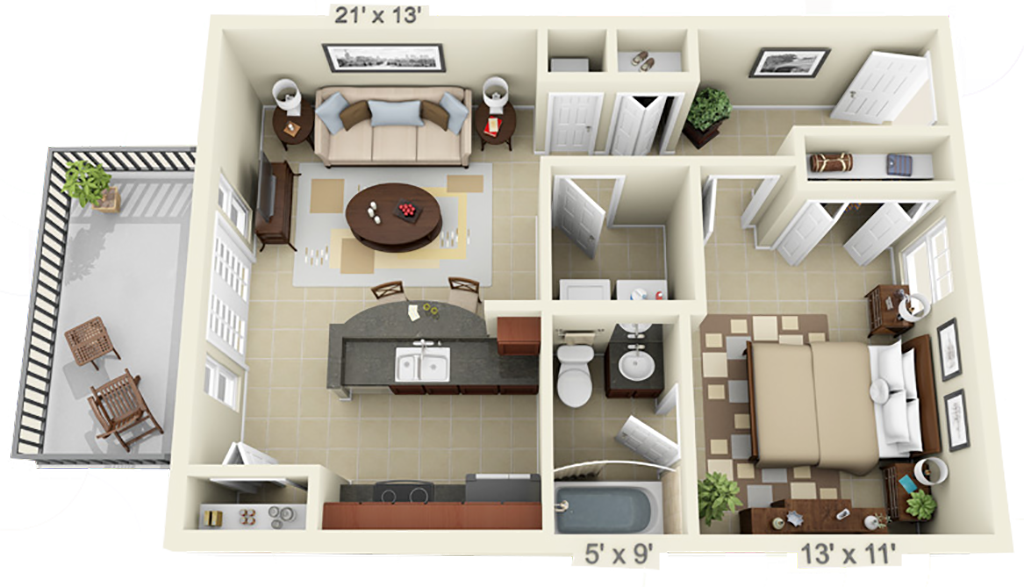 Floor plan for 1 bed, 1 bath, 630 sqft